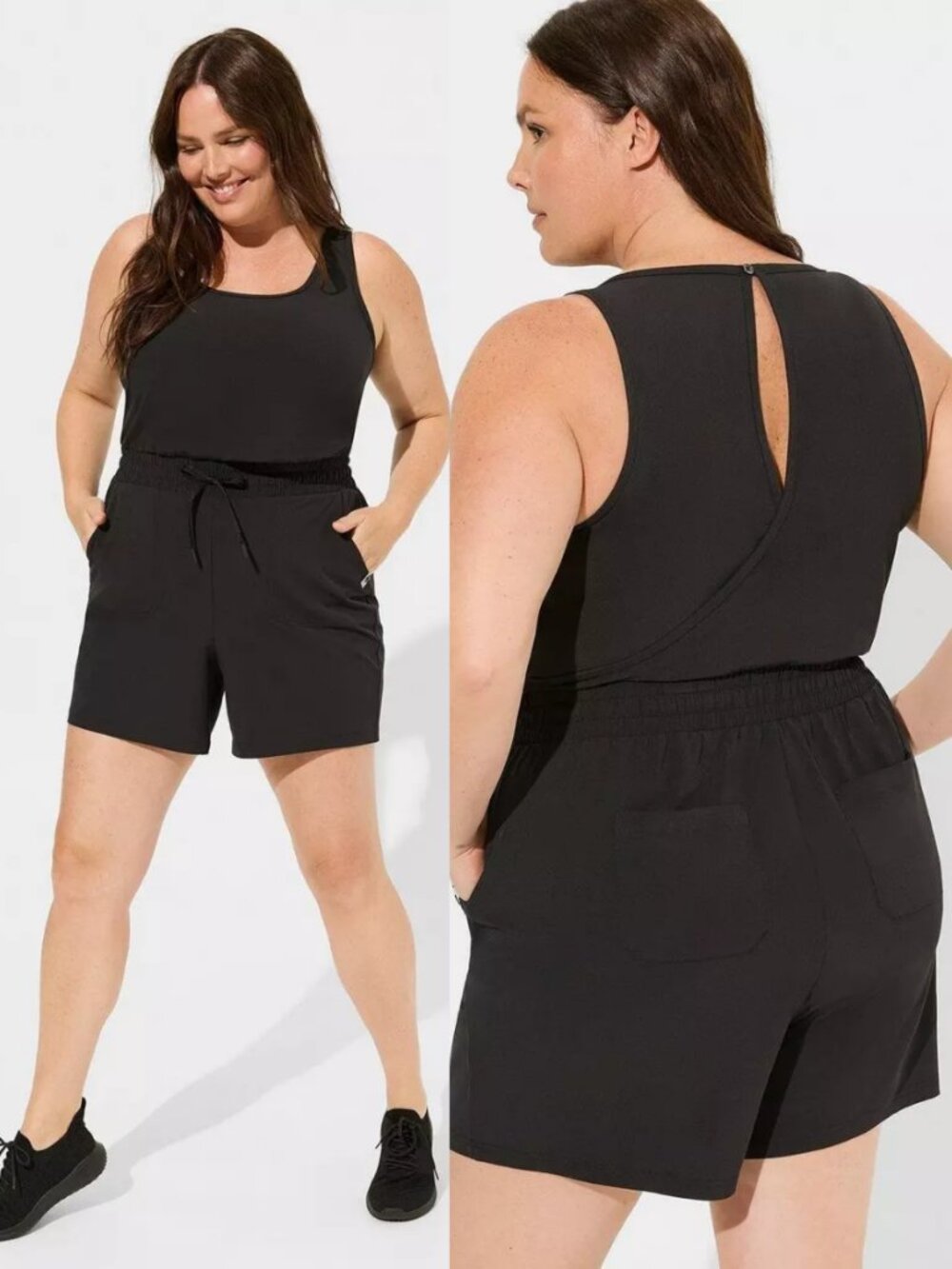 NWT Torrid 0 Black Stretch Woven Active Romper With Surplice Back Large 12